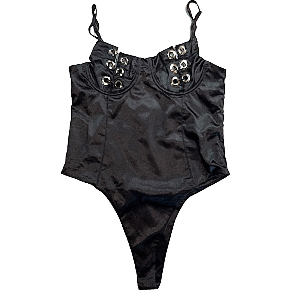 Festival season Hot Black Satin Open Bust Lace Up lingerie Bodysuit